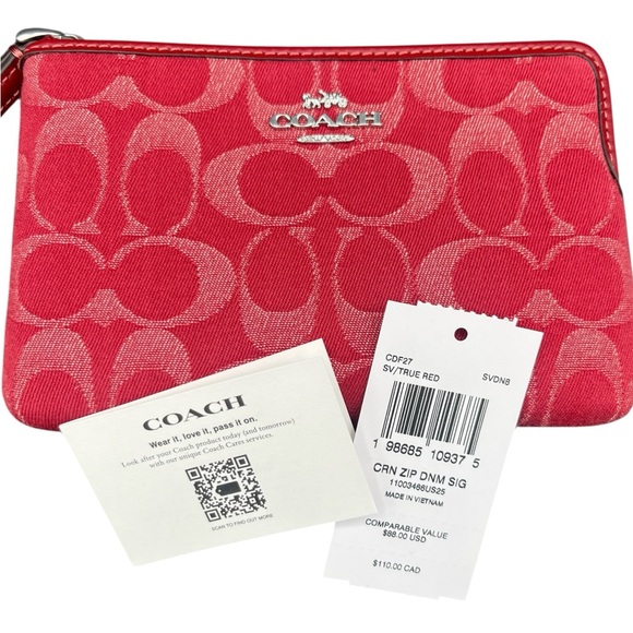 Coach Red Denim Corner Zip Wristlet - Picture 6 of 7